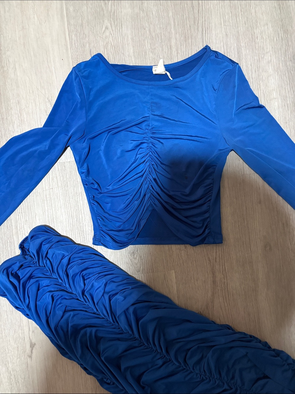 Blue Ruched Long-Sleeve Crop Top -  Women